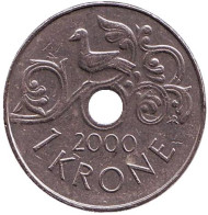 Монета 1 крона. 2000 год, Норвегия. Птица на виноградной лозе. Монета 1 крона. 2000 год, Норвегия. Птица на виноградной лозе.