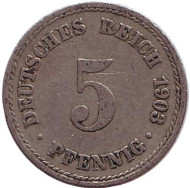 Монета 5 пфеннигов. 1903 год (A), Германская империя. Монета 5 пфеннигов. 1903 год (A), Германская империя.