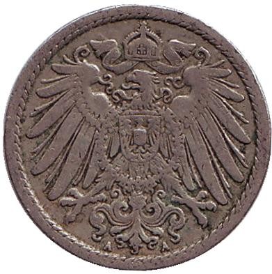 Монета 5 пфеннигов. 1903 год (A), Германская империя. Монета 5 пфеннигов. 1903 год (A), Германская империя.