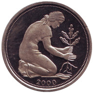 Монета 50 пфеннигов. 2000 год (J), ФРГ. Женщина, сажающая дуб. Монета 50 пфеннигов. 2000 год (J), ФРГ. Женщина, сажающая дуб.