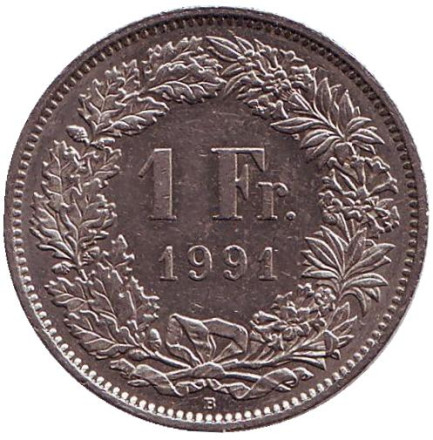 Монета 1 франк. 1991 (В) год, Швейцария. Гельвеция.