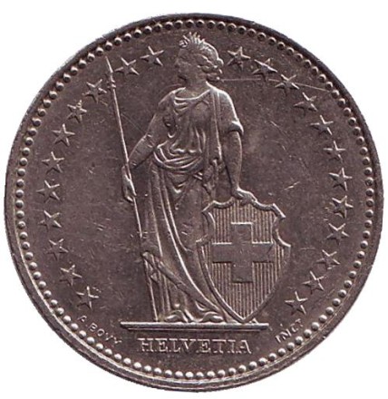 Монета 1 франк. 1991 (В) год, Швейцария. Гельвеция. Монета 1 франк. 1991 (В) год, Швейцария. Гельвеция.