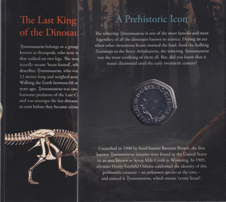 Монета 50 пенсов. 2024 год, Великобритания. Тираннозавр. В буклете.