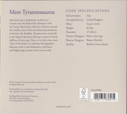 Монета 50 пенсов. 2024 год, Великобритания. Тираннозавр. В буклете.