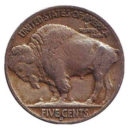 Монета 5 центов. 1937 год (D), США. Бизон. Индеец.