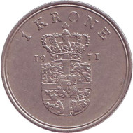 Монета 1 крона. 1971 год, Дания. Монета 1 крона. 1971 год, Дания.