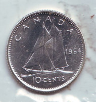 Монета 10 центов. 1964 год, Канада. UNC. Парусник.