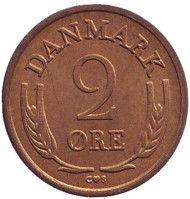 Монета 2 эре. 1960 год, Дания. (бронза). Монета 2 эре. 1960 год, Дания. (бронза).