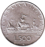 Монета 500 лир. 1965 год, Италия. Корабли Колумба. Монета 500 лир. 1965 год, Италия. Корабли Колумба.