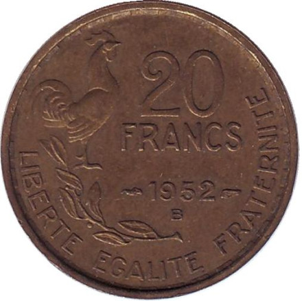 Монета 20 франков. 1952-В год, Франция. "G. Guiraud", 4 пера.