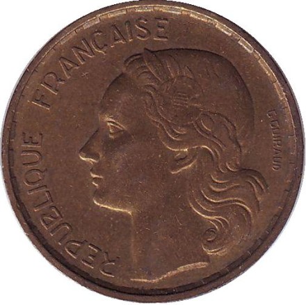 Монета 20 франков. 1952-В год, Франция. "G. Guiraud", 4 пера.