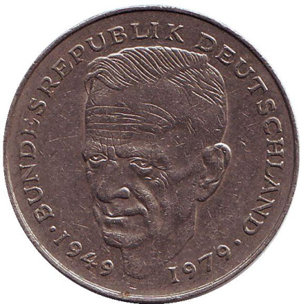 Монета 2 марки. 1979 год (D), ФРГ. Курт Шумахер.