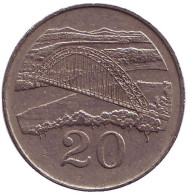 Монета 20 центов. 1996 год, Зимбабве. Мост Бэтченоу. Монета 20 центов. 1996 год, Зимбабве. Мост Бэтченоу.