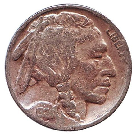 Монета 5 центов. 1924 год (P), США. Бизон. Индеец. Монета 5 центов. 1924 год (P), США. Бизон. Индеец.