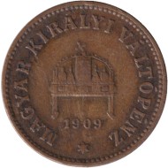 Монета 2 филлера. 1909 год, Австро-Венгерская империя. Венгерский тип. Монета 2 филлера. 1909 год, Австро-Венгерская империя. Венгерский тип.