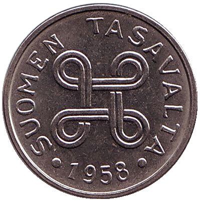 Монета 1 марка. 1958 год, Финляндия. Монета 1 марка. 1958 год, Финляндия.