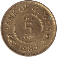 Монета 5 центов. 1985 год, Гайана. Лотос. Монета 5 центов. 1985 год, Гайана. Лотос.