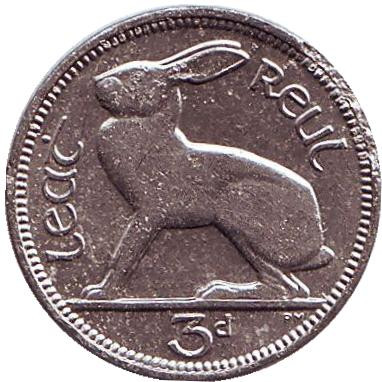 Монета 3 пенса. 1933 год, Ирландия. Состояние - F. Заяц.