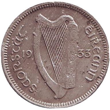 Монета 3 пенса. 1933 год, Ирландия. Заяц. Монета 3 пенса. 1933 год, Ирландия. Заяц.