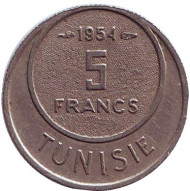 Монета 5 франков. 1954 год, Тунис. Монета 5 франков. 1954 год, Тунис.