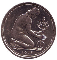 Монета 50 пфеннигов. 1978 год (J), ФРГ. Женщина, сажающая дуб. Монета 50 пфеннигов. 1978 год (J), ФРГ. Женщина, сажающая дуб.