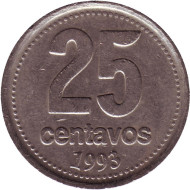 Монета 25 сентаво. 1993 год, Аргентина. Ратуша Буэнос-Айреса. (Толстый шрифт). Монета 25 сентаво. 1993 год, Аргентина. Ратуша Буэнос-Айреса. (Толстый шрифт).