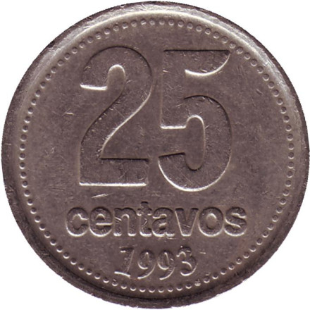 Монета 25 сентаво. 1993 год, Аргентина. Ратуша Буэнос-Айреса. (Толстый шрифт).