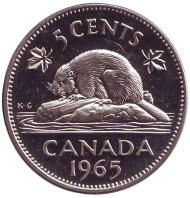 Монета 5 центов, 1965 год, Канада. UNC. Бобр. Монета 5 центов, 1965 год, Канада. UNC. Бобр.