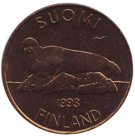Монета 5 марок. 1993 год, Финляндия. UNC. Тюлень.
