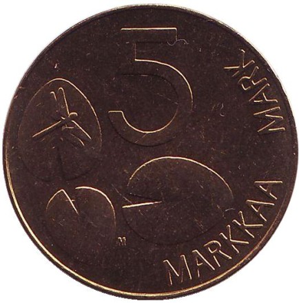 Монета 5 марок. 1993 год, Финляндия. UNC. Тюлень.