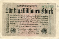 Рейхсбанкнота 50 миллионов марок. 1923 год, Веймарская республика. Рейхсбанкнота 50 миллионов марок. 1923 год, Веймарская республика.