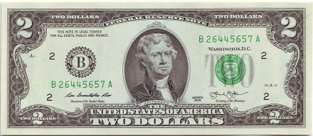 Банкнота 2 доллара. 2013 год, США.