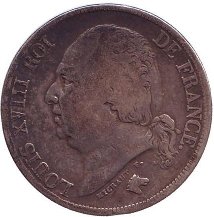 Монета 2 франка. 1822 год (A), Франция. Людовик XVIII. Монета 2 франка. 1822 год (A), Франция. Людовик XVIII.