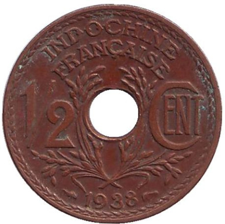 Монета 1/2 цента. 1938 год, Французский Индокитай.