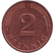 Монета 2 пфеннига. 1992 год (D), ФРГ. Дубовые листья. Монета 2 пфеннига. 1992 год (D), ФРГ. Дубовые листья.