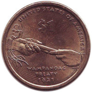 Сакагавея (Трубка мира), серия "Коренные американцы". 1 доллар, 2011 год (P), США. Сакагавея (Трубка мира), серия "Коренные американцы". 1 доллар, 2011 год (P), США.