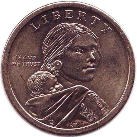 Сакагавея (Трубка мира), серия "Коренные американцы". 1 доллар, 2011 год (P), США.