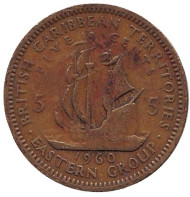 Монета 5 центов. 1960 год, Восточно-Карибские государства. Галеон "Золотая лань" сэра Френсиса Дрейка.