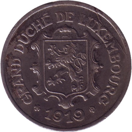 Монета 25 сантимов. 1919 год, Люксембург. Состояние - XF. Монета 25 сантимов. 1919 год, Люксембург. Состояние - XF.