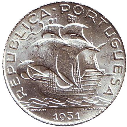 Монета 2,5 эскудо. 1951 год, Португалия. UNC. Парусник.