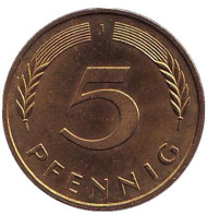 Монета 5 пфеннигов. 1991 год (J), ФРГ. Дубовые листья. Монета 5 пфеннигов. 1991 год (J), ФРГ. Дубовые листья.