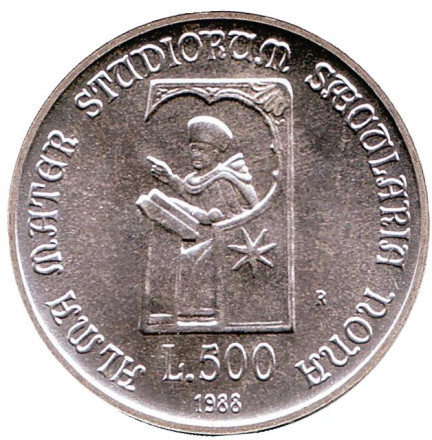 Монета 500 лир. 1988 год, Италия. 900 лет Болонскому университету.