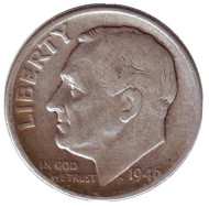 Монета 10 центов. 1946 год, США. Монетный двор D. Рузвельт. Монета 10 центов. 1946 год, США. Монетный двор D. Рузвельт.
