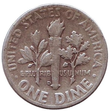 Монета 10 центов. 1946 год, США. Монетный двор D. Рузвельт. Монета 10 центов. 1946 год, США. Монетный двор D. Рузвельт.