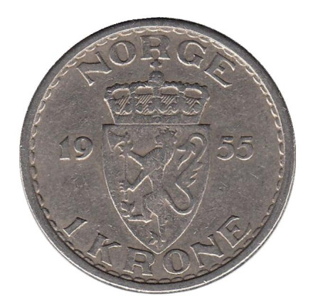 Монета 1 крона. 1955 год, Норвегия.