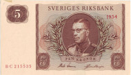 Банкнота 5 крон. 1954 год, Швеция. Банкнота 5 крон. 1954 год, Швеция.