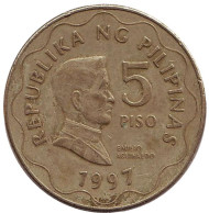 Монета 5 песо. 1997 год, Филиппины. Эмилио Агинальдо. Монета 5 песо. 1997 год, Филиппины. Эмилио Агинальдо.