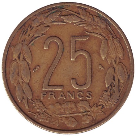 Монета 25 франков. 1970 год, Камерун. Африканские антилопы. (Западные канны). Монета 25 франков. 1970 год, Камерун. Африканские антилопы. (Западные канны).