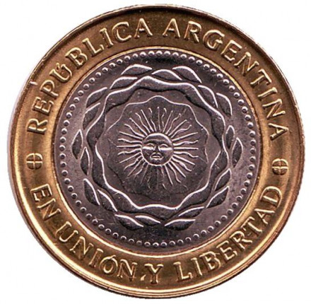 Монета 2 песо. 2010 год, Аргентина.