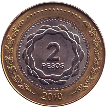 Монета 2 песо. 2010 год, Аргентина.
